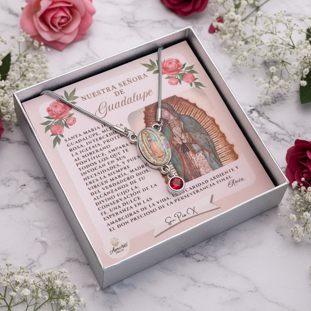 Our Lady of Guadalupe Roses Birthstone Necklace with Prayer Card in ENGLISH or SPANISH
