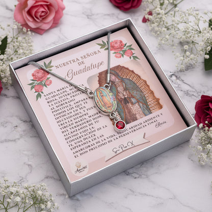 Our Lady of Guadalupe Roses Birthstone Necklace with Prayer Card in ENGLISH or SPANISH