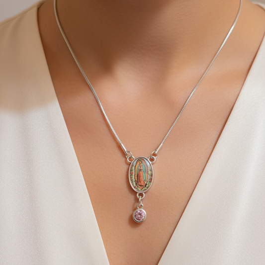 Our Lady of Guadalupe Roses Birthstone Necklace with Prayer Card in ENGLISH or SPANISH