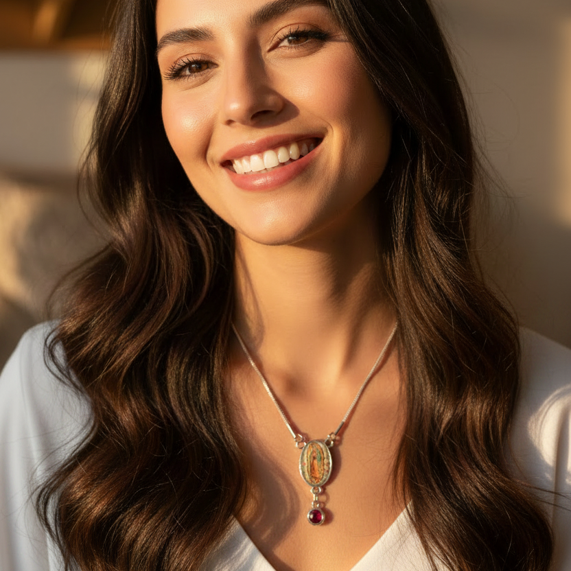 Our Lady of Guadalupe Roses Birthstone Necklace with Prayer Card in ENGLISH or SPANISH