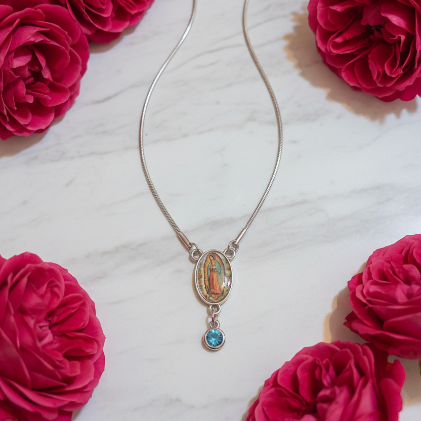 Our Lady of Guadalupe Roses Birthstone Necklace with Prayer Card in ENGLISH or SPANISH
