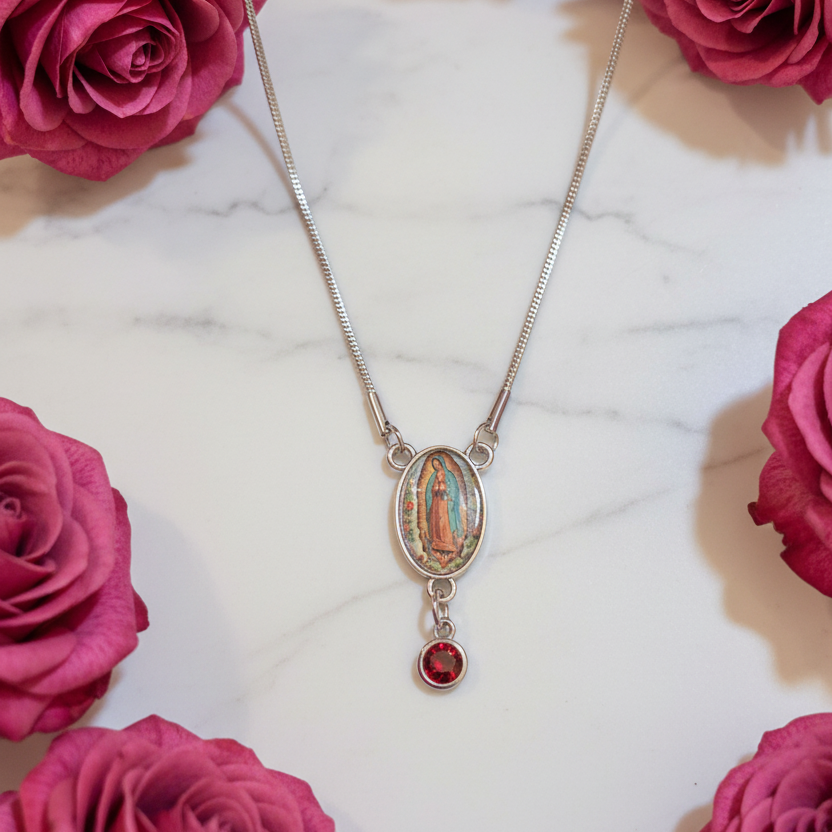 Our Lady of Guadalupe Roses Birthstone Necklace with Prayer Card in ENGLISH or SPANISH