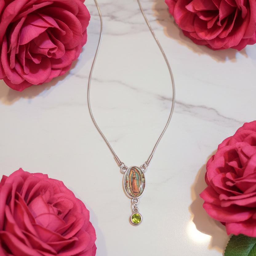 Our Lady of Guadalupe Roses Birthstone Necklace with Prayer Card in ENGLISH or SPANISH
