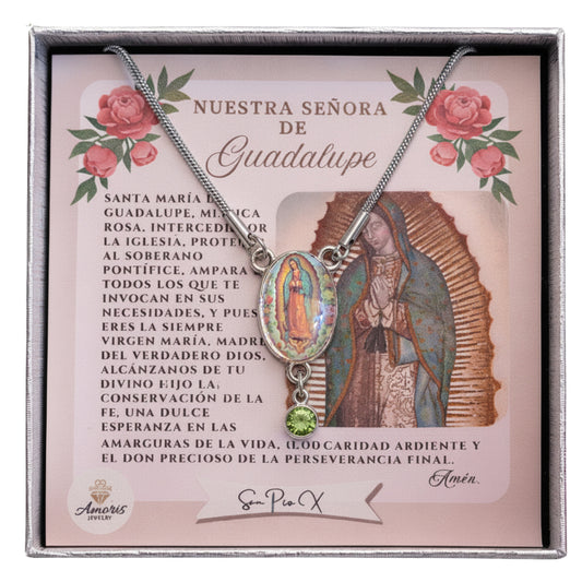 Our Lady of Guadalupe Roses Birthstone Necklace with Prayer Card in ENGLISH or SPANISH