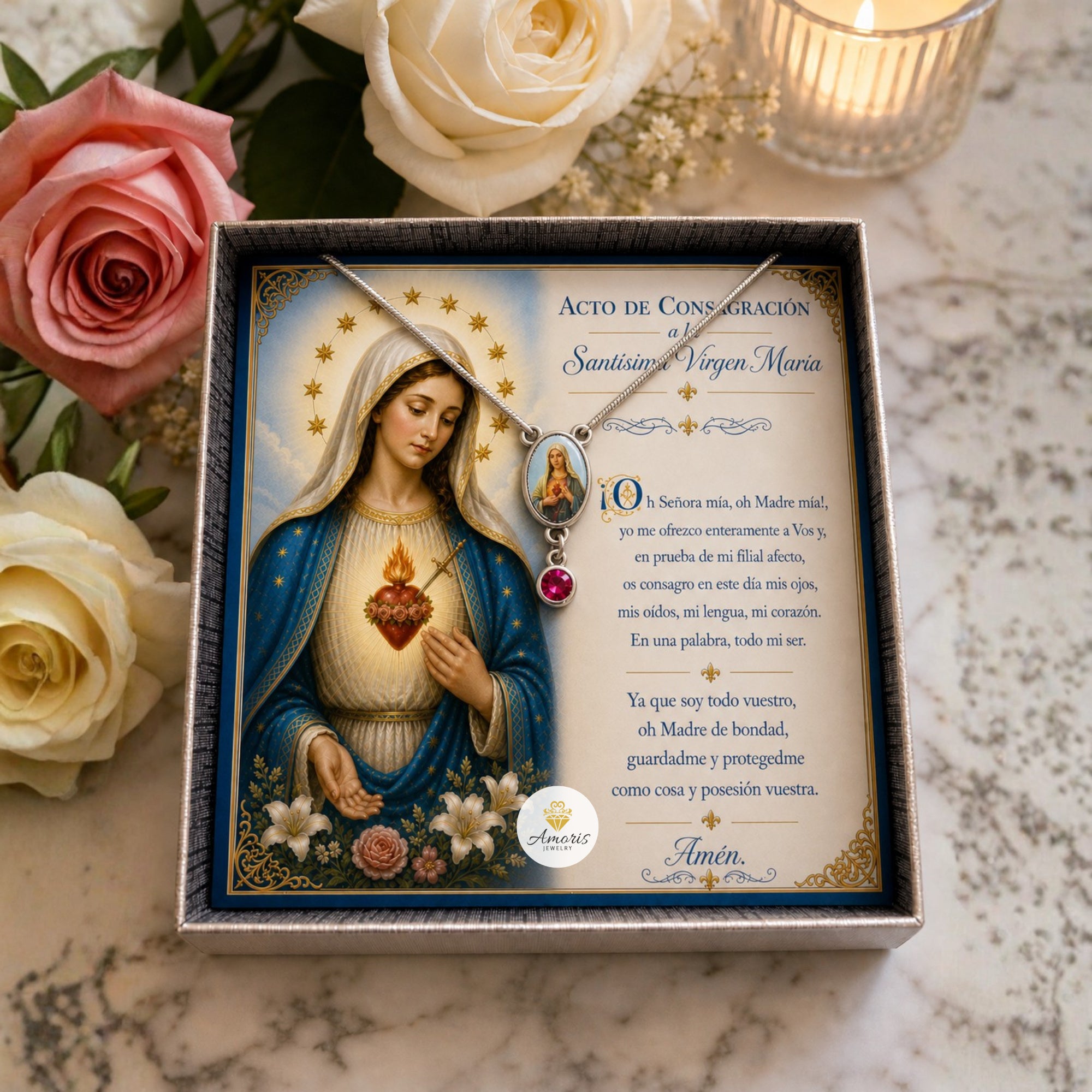 Immaculate Heart of Mary Birthstone Necklace with Marian Consecration Card in ENGLISH or SPANISH