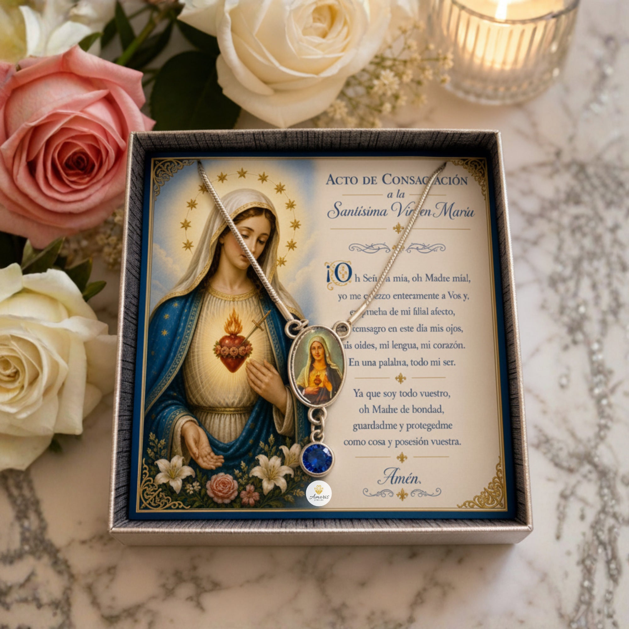 Immaculate Heart of Mary Birthstone Necklace with Marian Consecration Card in ENGLISH or SPANISH