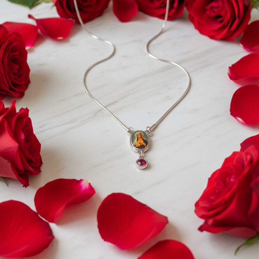 Immaculate Heart of Mary Birthstone Necklace with Marian Consecration Card in ENGLISH or SPANISH