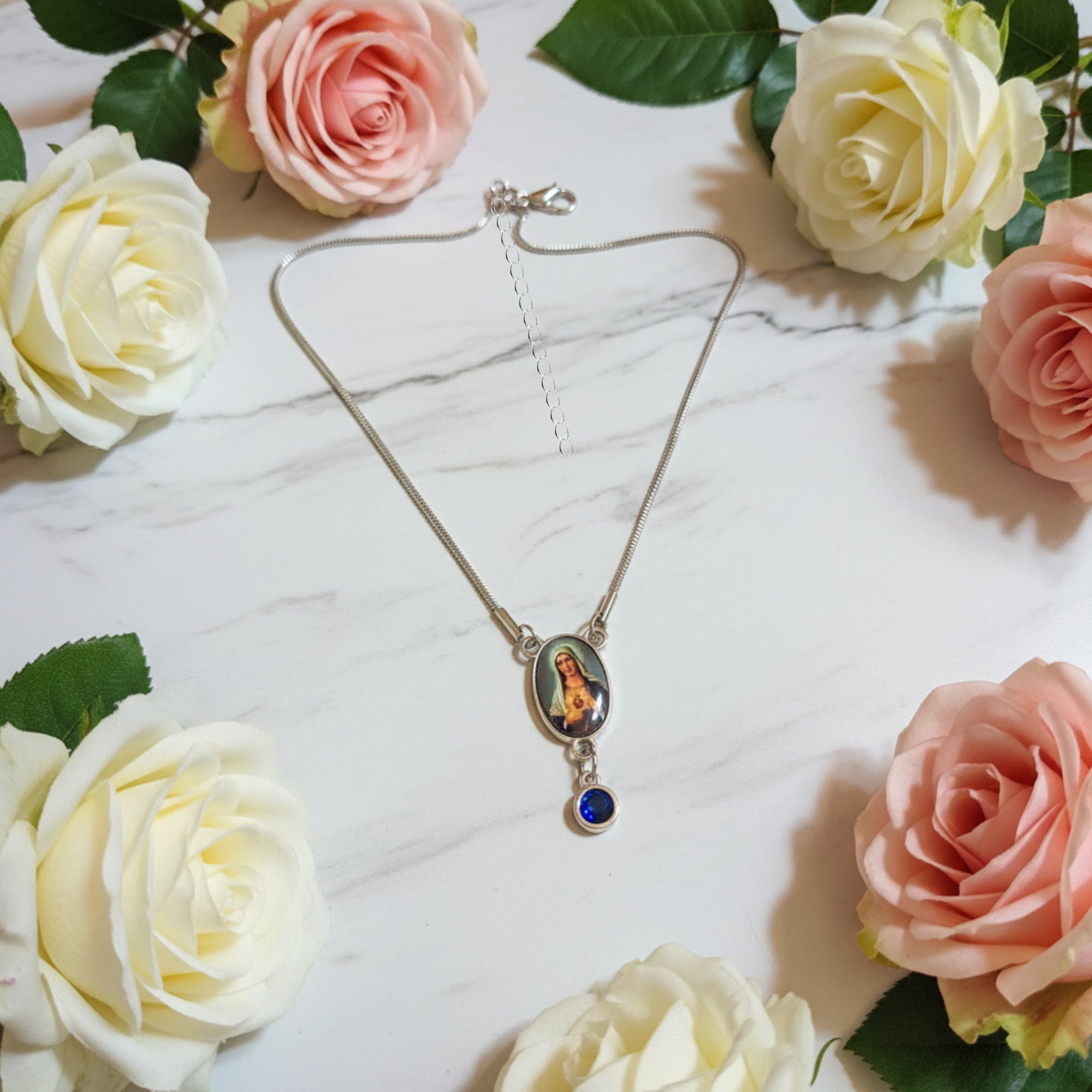 Immaculate Heart of Mary Birthstone Necklace with Marian Consecration Card in ENGLISH or SPANISH