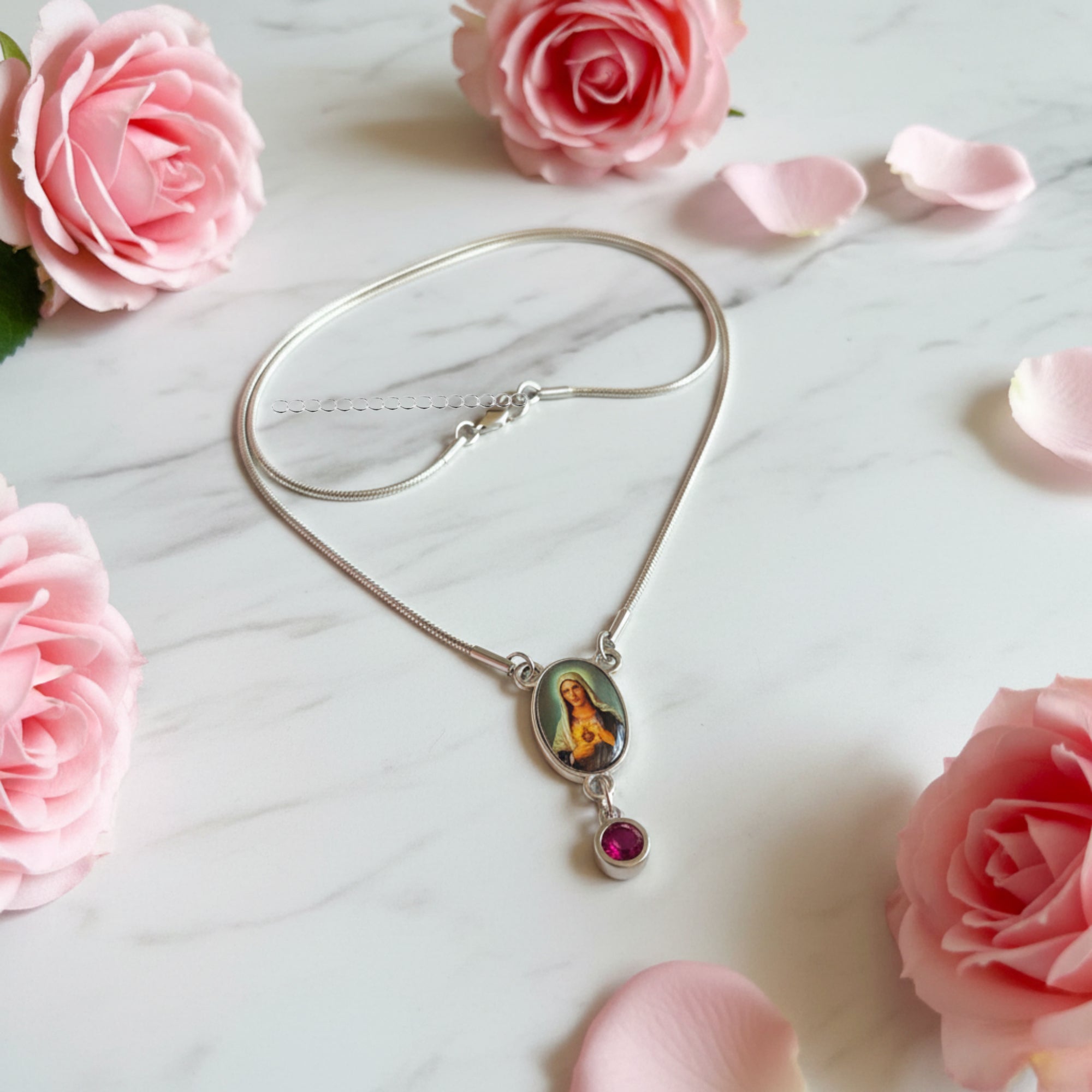 Immaculate Heart of Mary Birthstone Necklace with Marian Consecration Card in ENGLISH or SPANISH