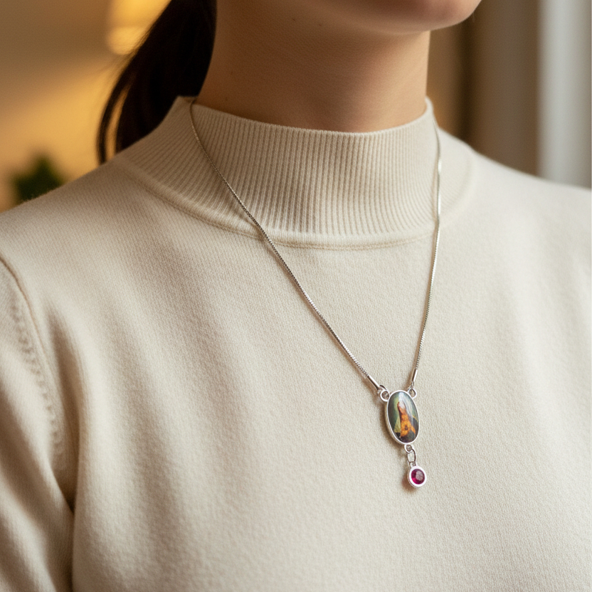 Immaculate Heart of Mary Birthstone Necklace with Marian Consecration Card in ENGLISH or SPANISH