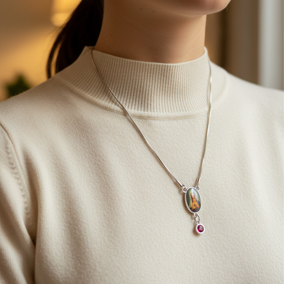 Immaculate Heart of Mary Birthstone Necklace with Marian Consecration Card in ENGLISH or SPANISH