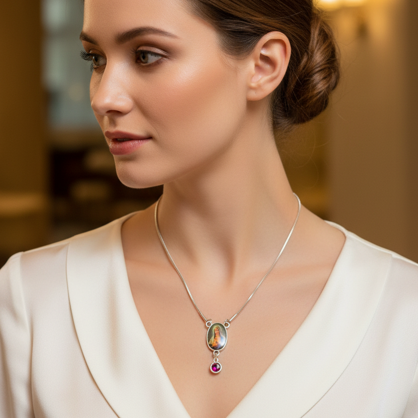 Immaculate Heart of Mary Birthstone Necklace with Marian Consecration Card in ENGLISH or SPANISH
