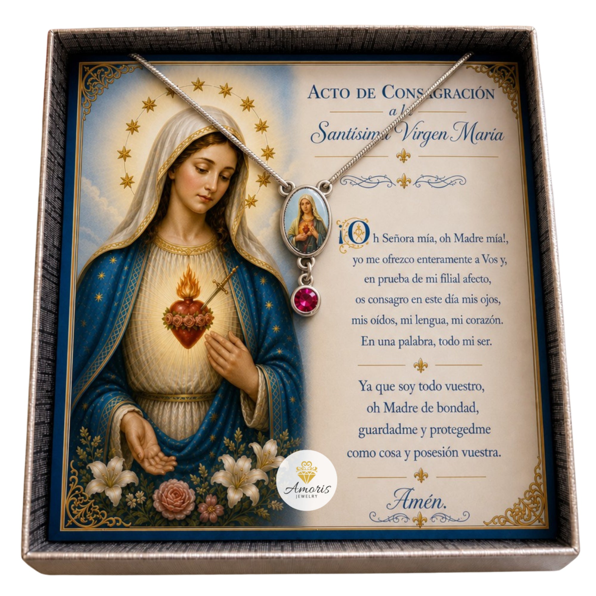 Immaculate Heart of Mary Birthstone Necklace with Marian Consecration Card in ENGLISH or SPANISH