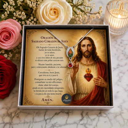 Sacred Heart of Jesus Necklace with Prayer Card in ENGLISH or SPANISH