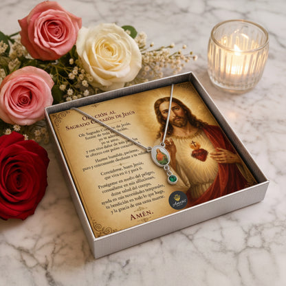 Sacred Heart of Jesus Necklace with Prayer Card in ENGLISH or SPANISH