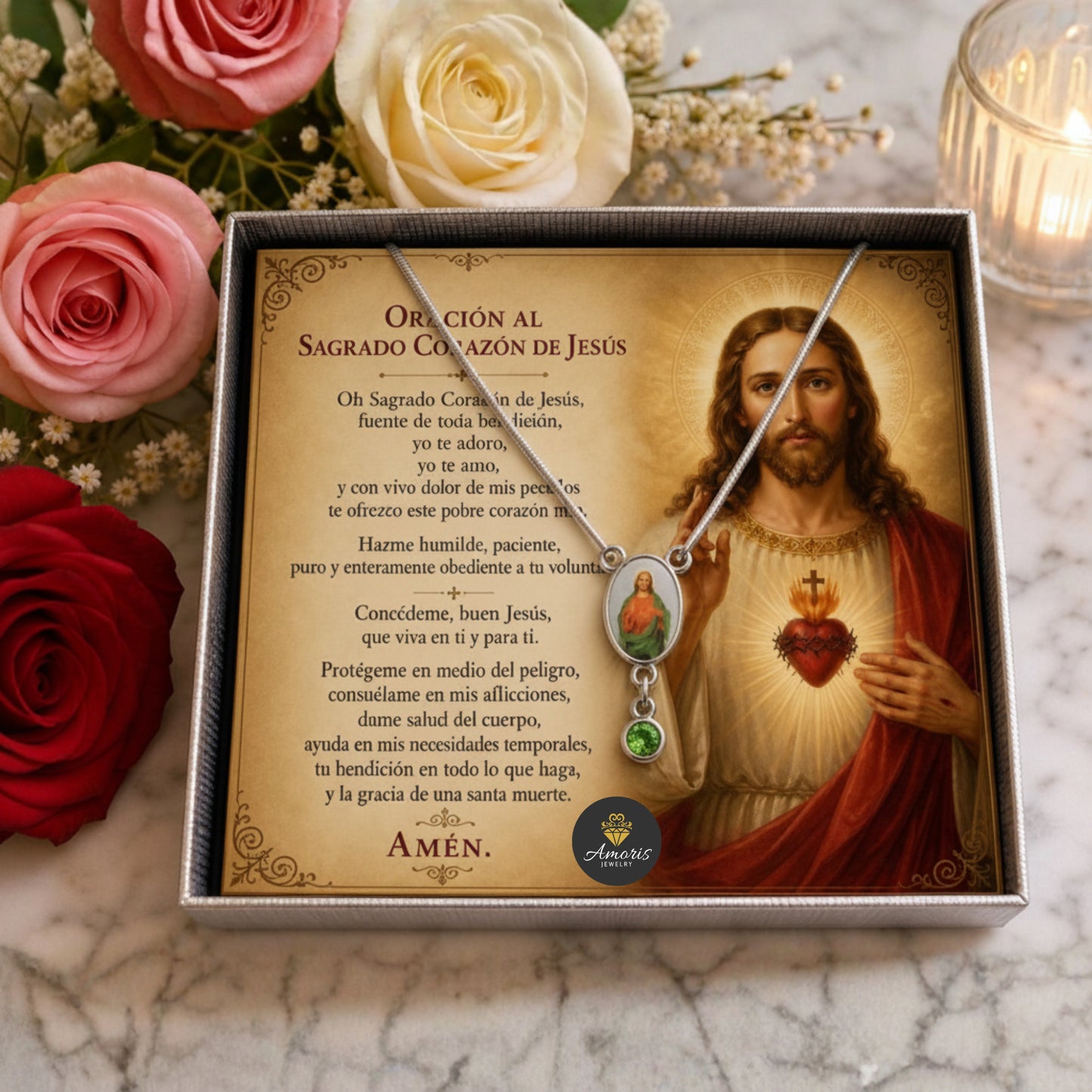 Sacred Heart of Jesus Necklace with Prayer Card in ENGLISH or SPANISH
