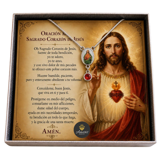 Sacred Heart of Jesus Necklace with Prayer Card in ENGLISH or SPANISH