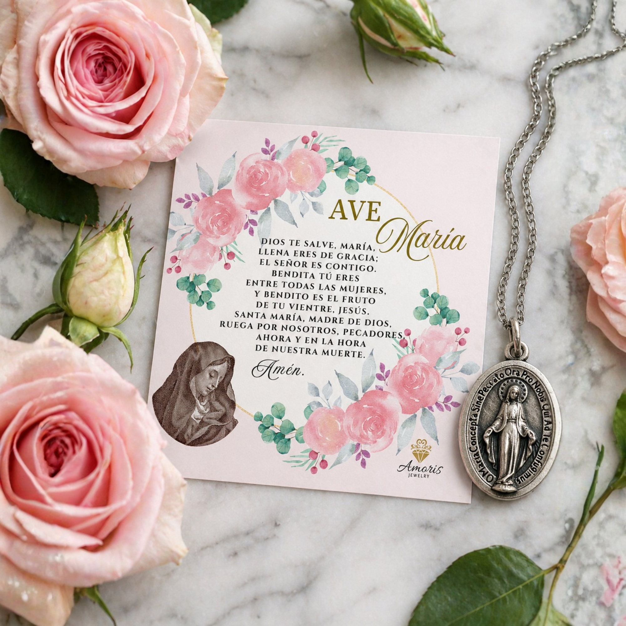 Miraculous Medal Necklace with Hail Mary Prayer Card in ENGLISH, SPANISH or LATIN