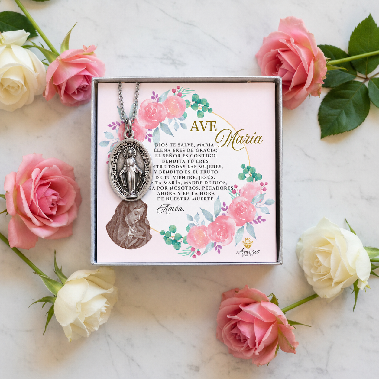 Miraculous Medal Necklace with Hail Mary Prayer Card in ENGLISH, SPANISH or LATIN
