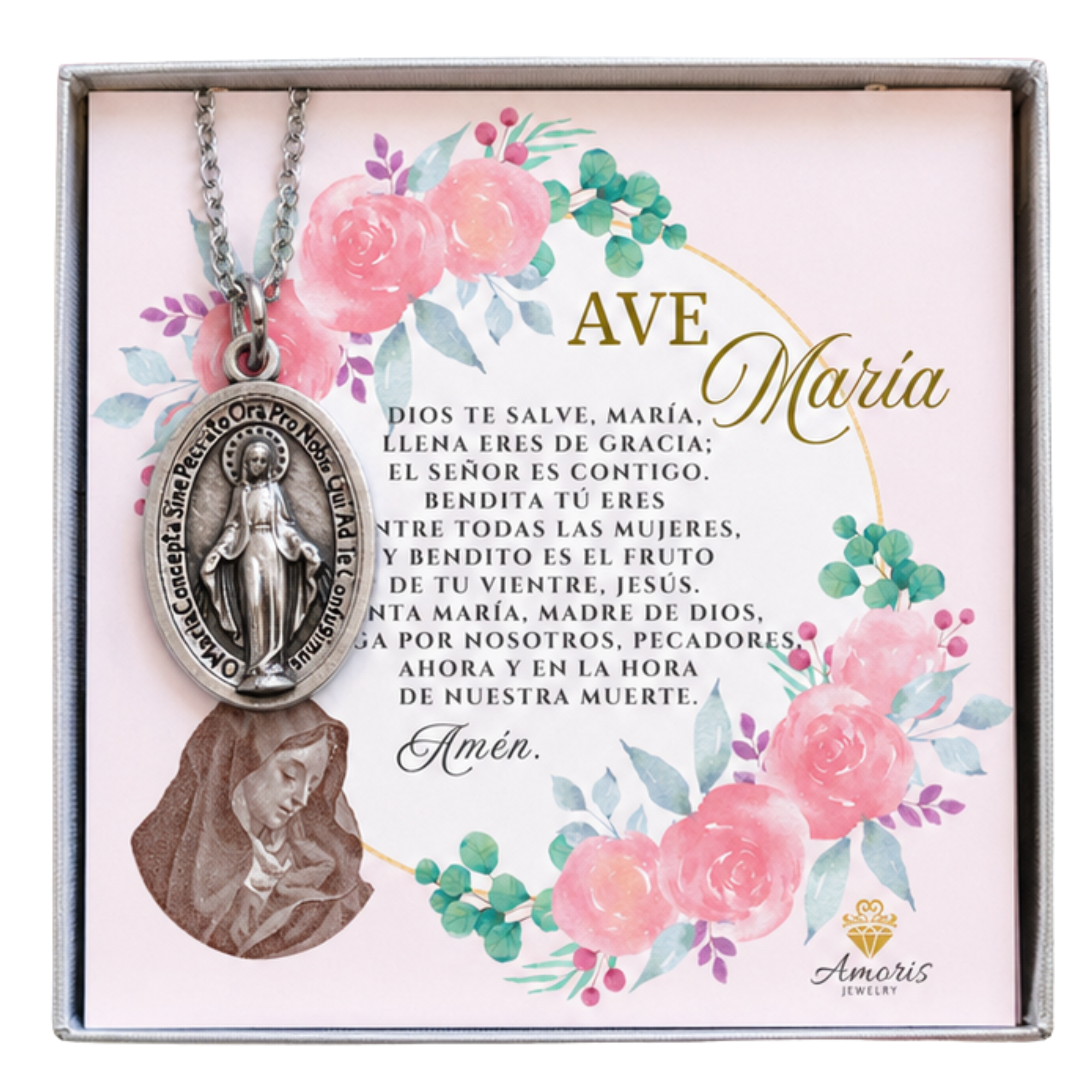 Miraculous Medal Necklace with Hail Mary Prayer Card in ENGLISH, SPANISH or LATIN