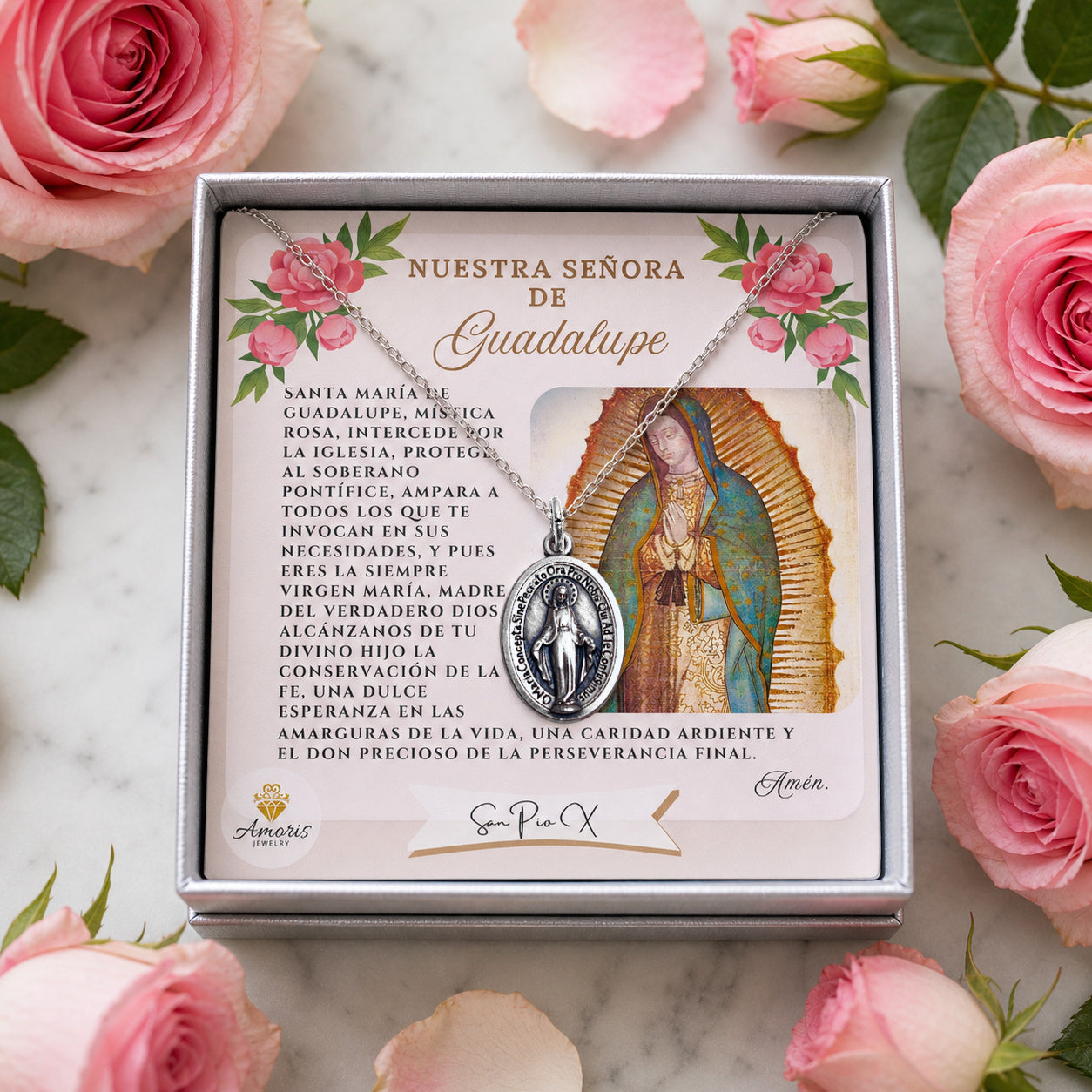 Miraculous Medal Necklace with Our Lady of Guadalupe Prayer Card in ENGLISH or SPANISH