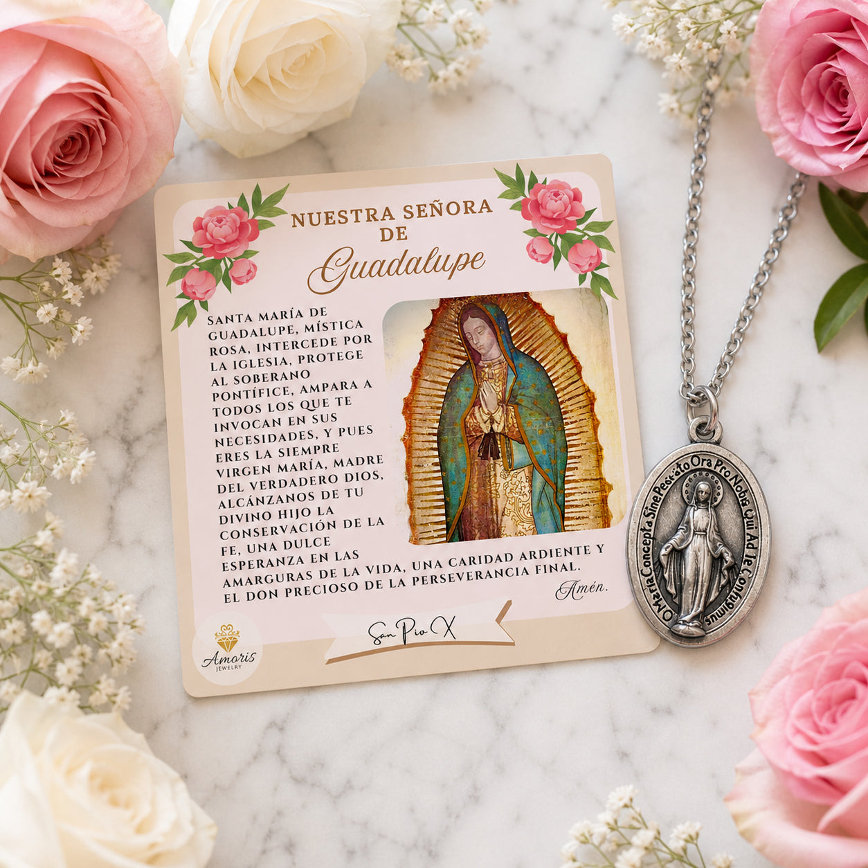 Miraculous Medal Necklace with Our Lady of Guadalupe Prayer Card in ENGLISH or SPANISH