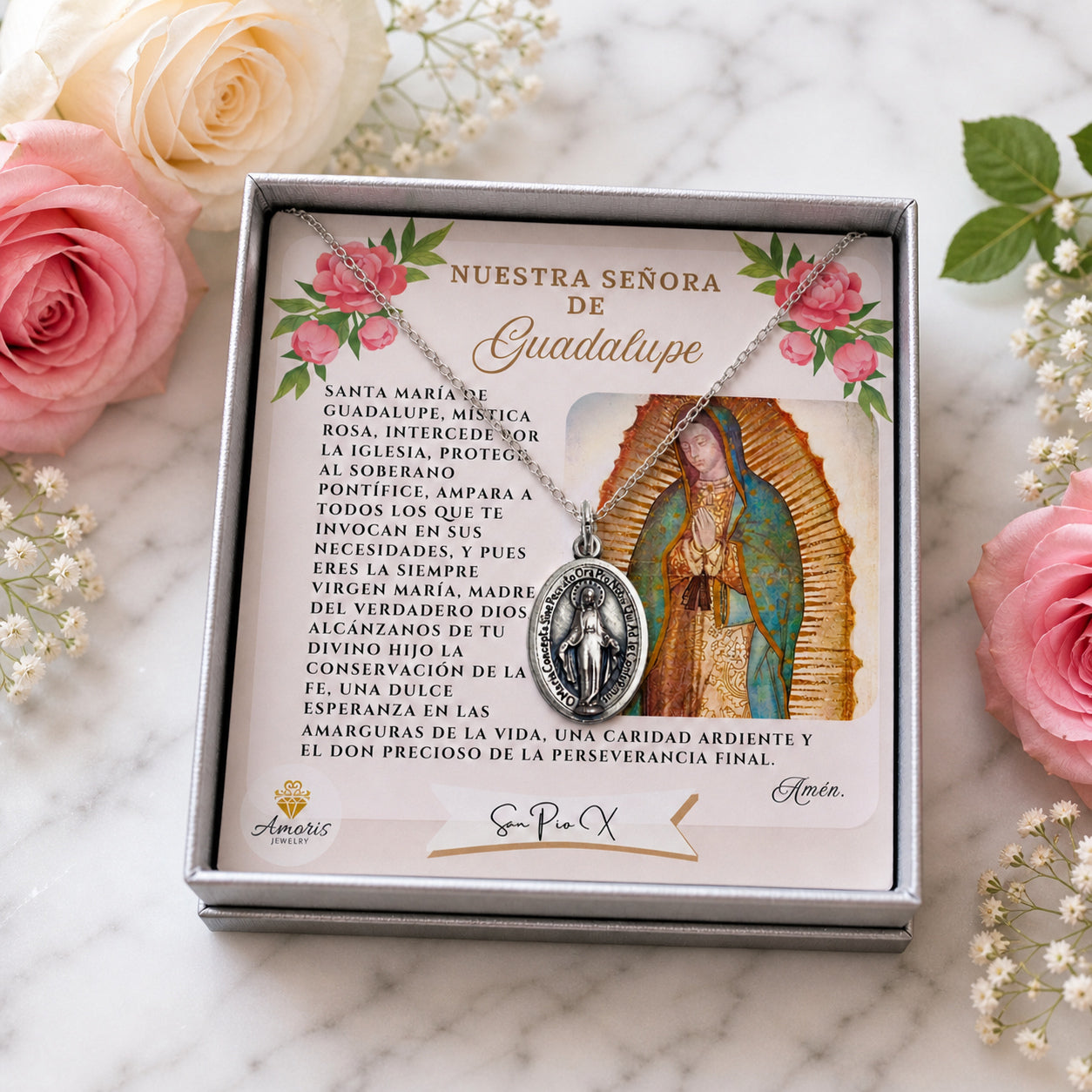 Miraculous Medal Necklace with Our Lady of Guadalupe Prayer Card in ENGLISH or SPANISH