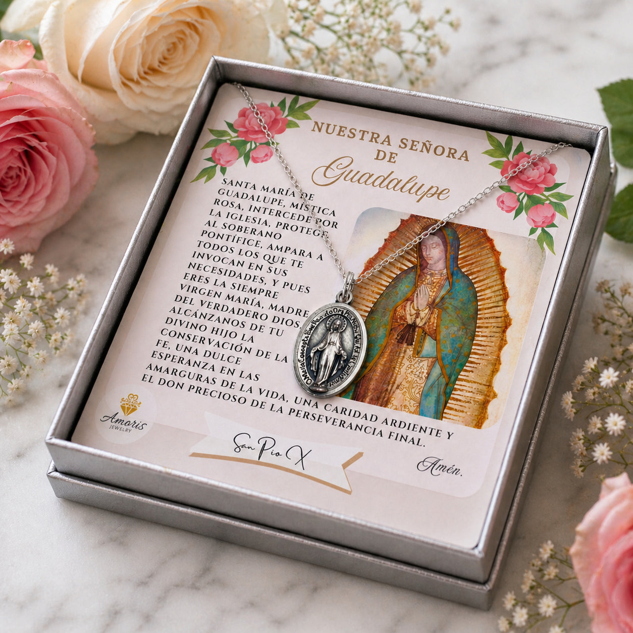 Miraculous Medal Necklace with Our Lady of Guadalupe Prayer Card in ENGLISH or SPANISH
