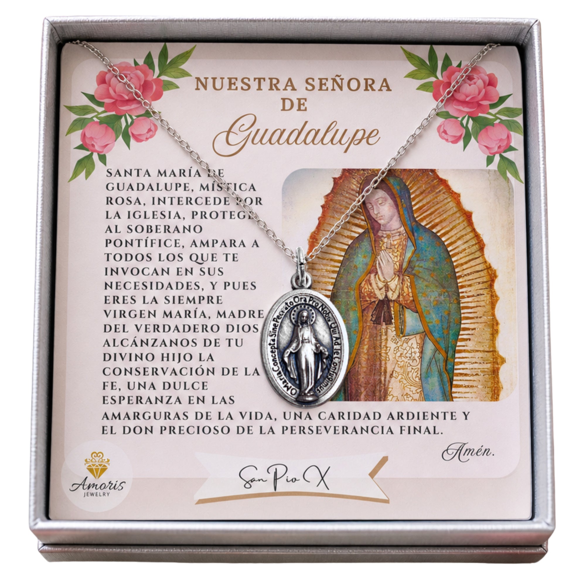 Miraculous Medal Necklace with Our Lady of Guadalupe Prayer Card in ENGLISH or SPANISH