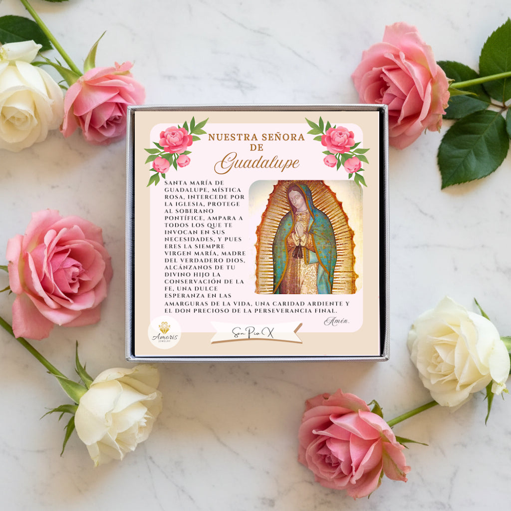 Our Lady of Guadalupe Birthstone Necklace with Prayer Card in ENGLISH or SPANISH
