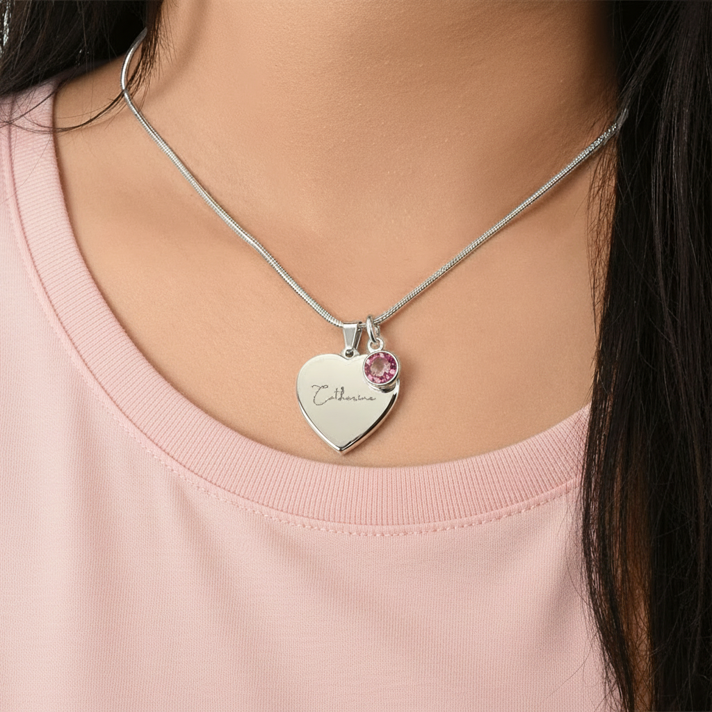 Custom Name and Birthstone Heart Necklace – Personalized Gift in Stainless Steel