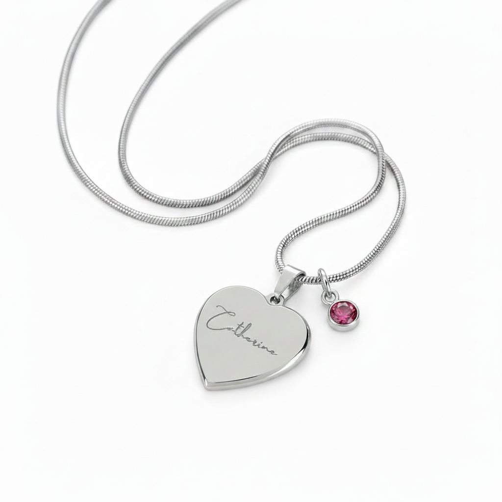 Custom Name and Birthstone Heart Necklace – Personalized Gift in Stainless Steel