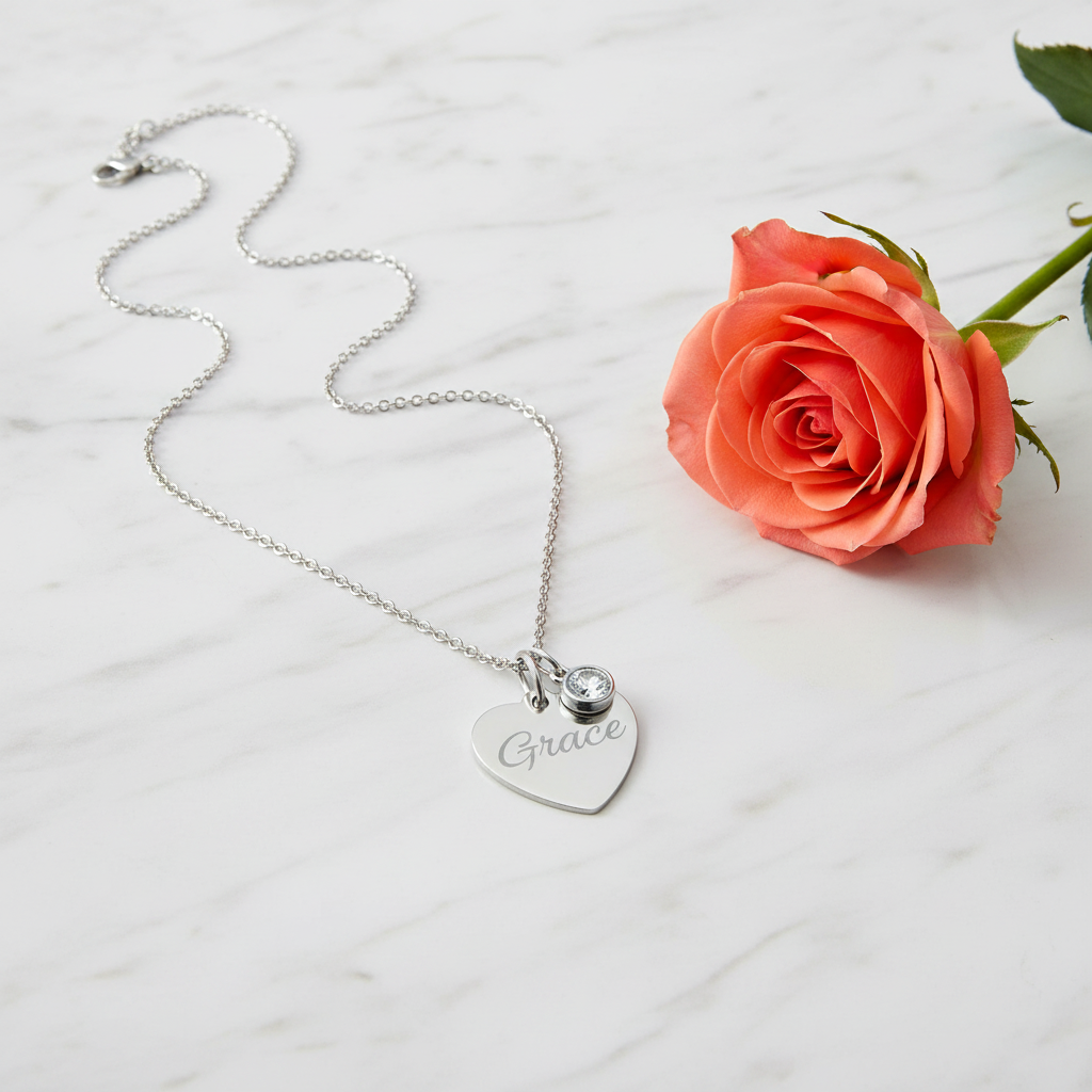 Custom Name Birthstone Heart Necklace with Personalized Engraving