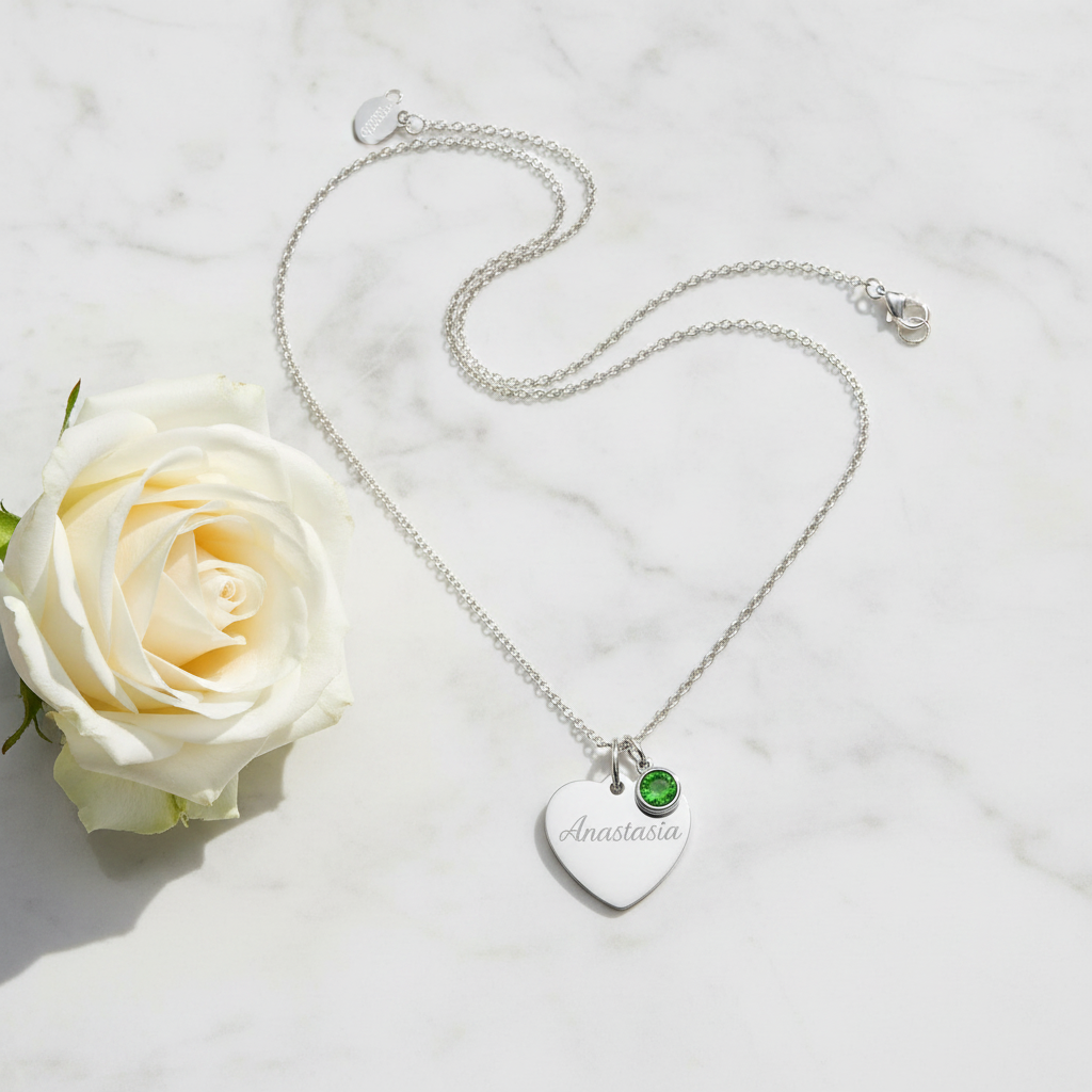 Custom Name Birthstone Heart Necklace with Personalized Engraving
