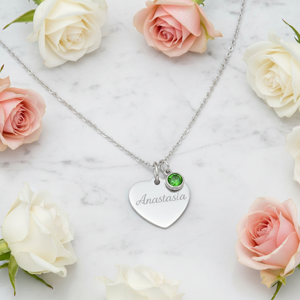 Custom Name Birthstone Heart Necklace with Personalized Engraving
