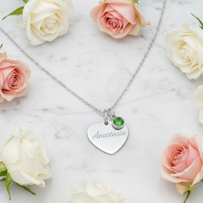 Custom Name Birthstone Heart Necklace with Personalized Engraving
