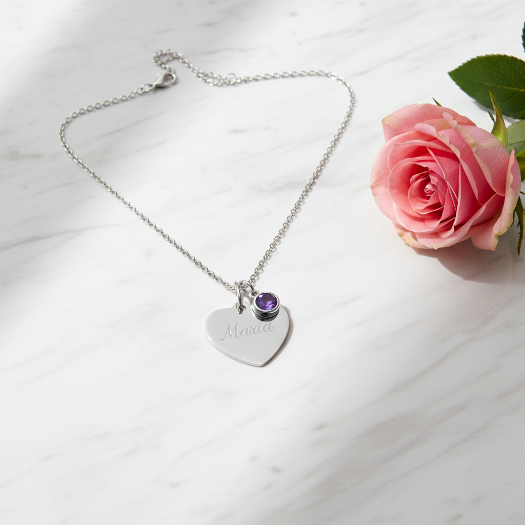 Custom Name Birthstone Heart Necklace with Personalized Engraving