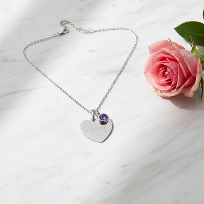 Custom Name Birthstone Heart Necklace with Personalized Engraving