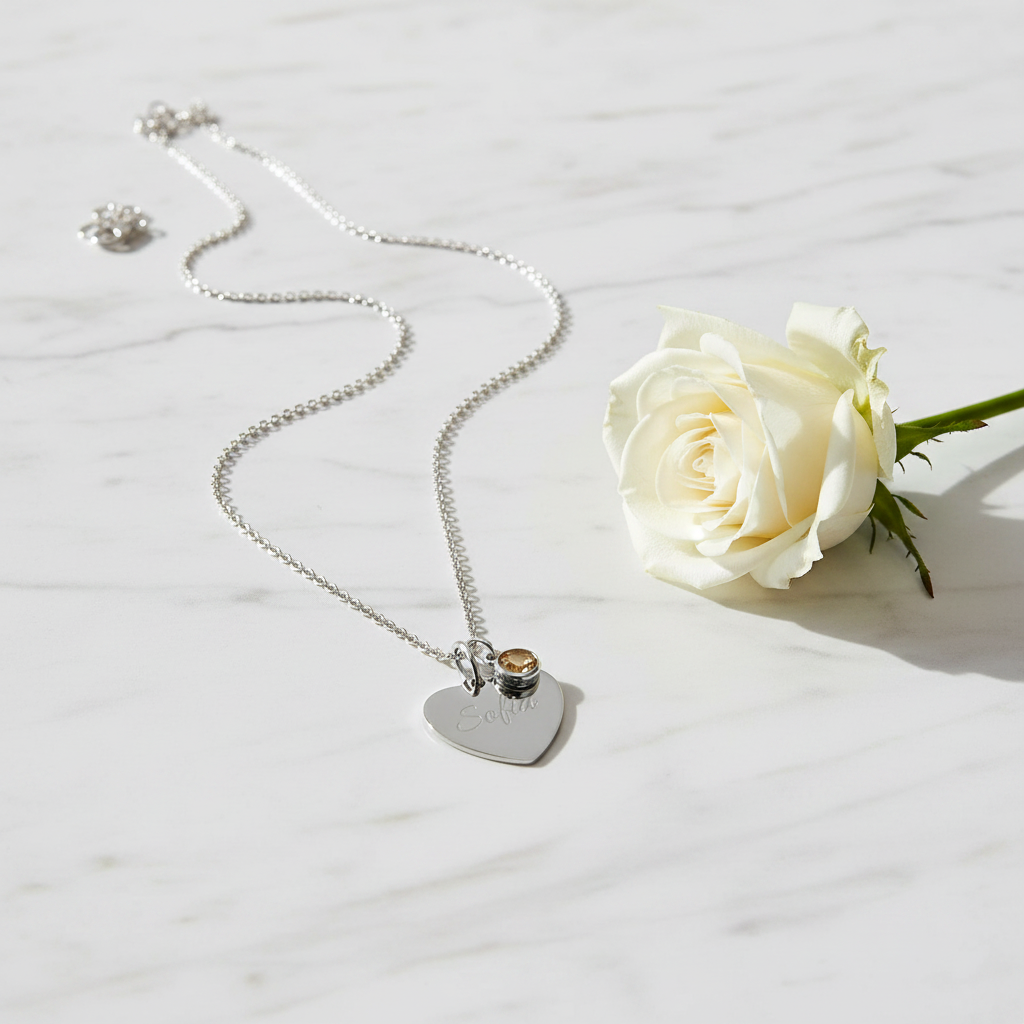 Custom Name Birthstone Heart Necklace with Personalized Engraving