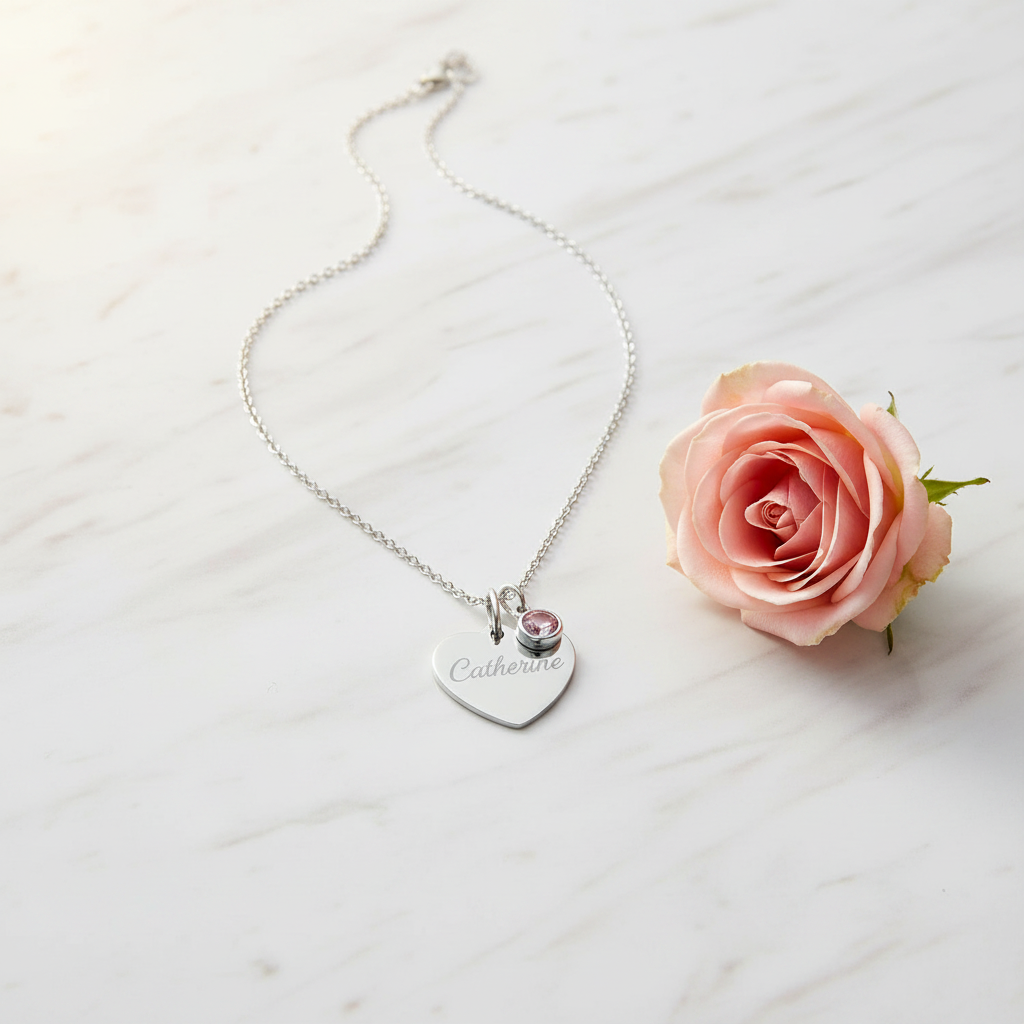 Custom Name Birthstone Heart Necklace with Personalized Engraving