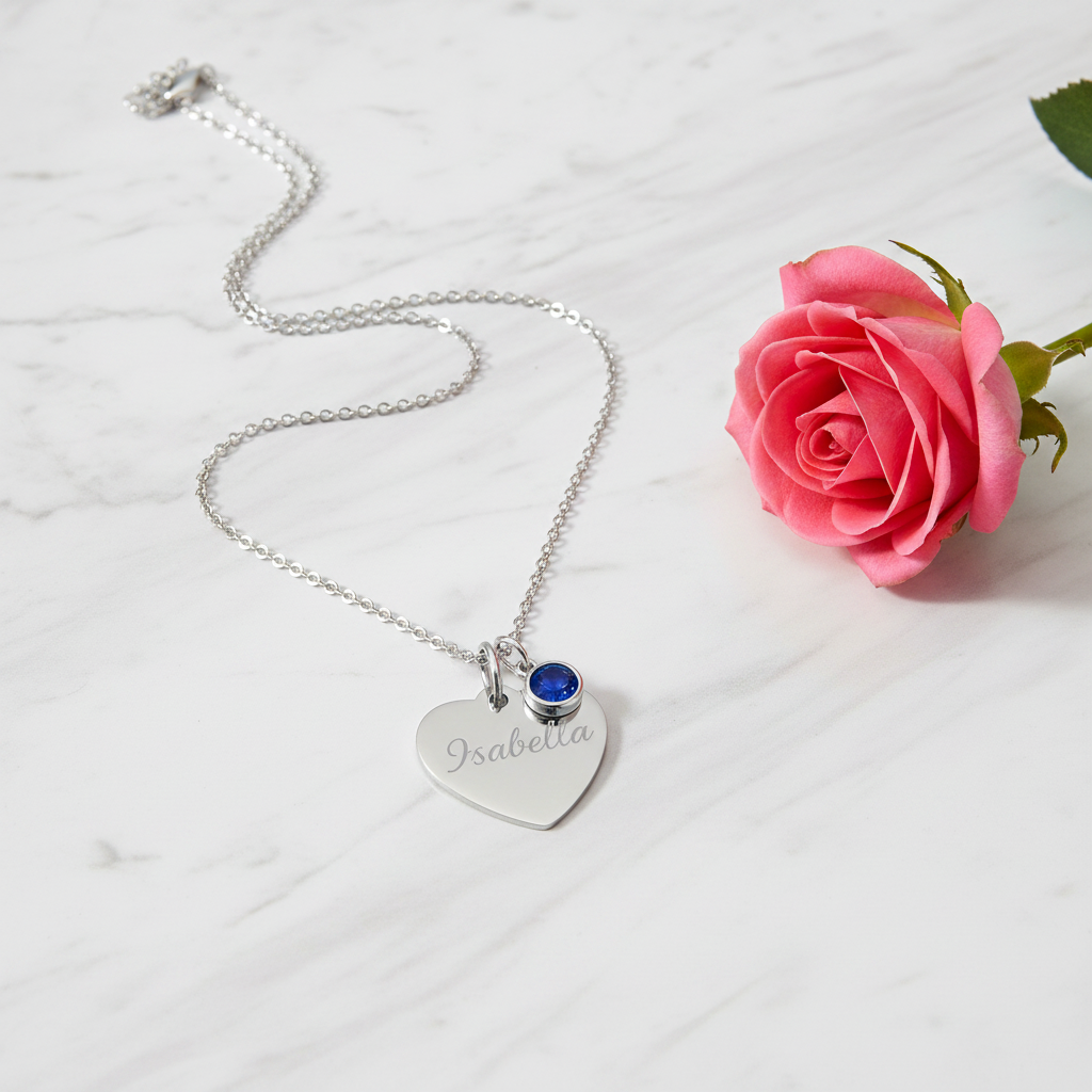 Custom Name Birthstone Heart Necklace with Personalized Engraving