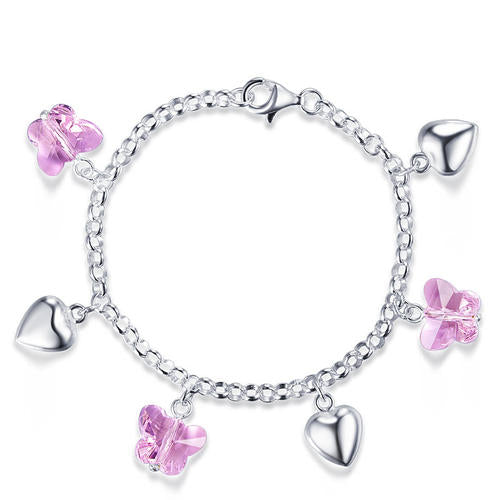 Pulsera de cadena con dije de corazón y mariposa rosa en plata de ley para niñas