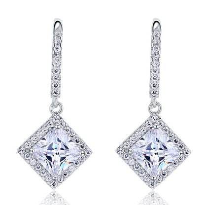Pendientes colgantes de diamantes simulados con halo princesa de 1,5 quilates en plata de ley