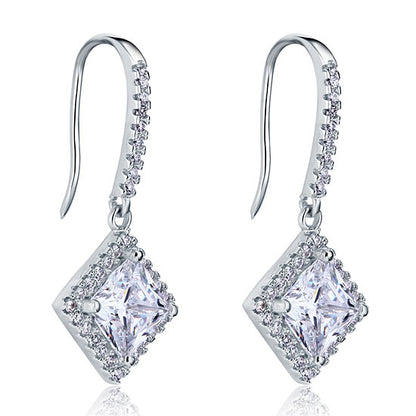 Pendientes colgantes de diamantes simulados con halo princesa de 1,5 quilates en plata de ley