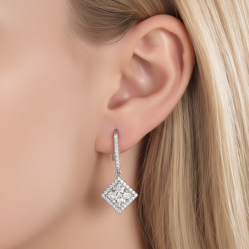 1.5 CT. Princess Halo Simulated Diamond Drop Earrings in Sterling Silver