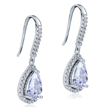 Aretes colgantes de diamantes simulados con halo de pera de 2 quilates en plata de ley
