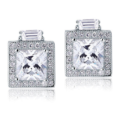 1 CT. Princess Cut Halo Simulated Diamond Stud Earrings in Sterling Silver
