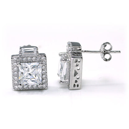 1 CT. Princess Cut Halo Simulated Diamond Stud Earrings in Sterling Silver
