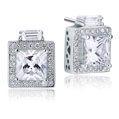 1 CT. Princess Cut Halo Simulated Diamond Stud Earrings in Sterling Silver