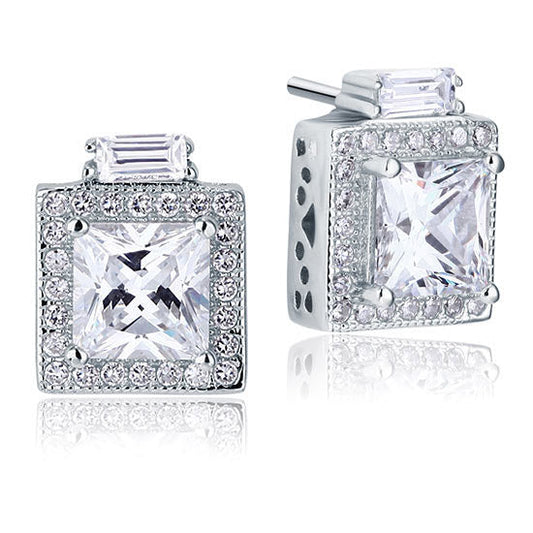 1 CT. Princess Cut Halo Simulated Diamond Stud Earrings in Sterling Silver